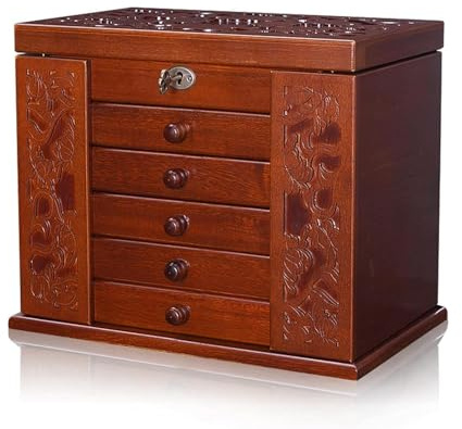Grande boîte à bijoux/boîte à bijoux en bois Coffre à bijoux Meuble Bague Collier Cadeau avec serrure pour femmes et filles A