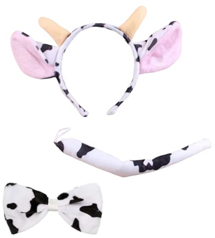 JFangZHZH 3-teiliges Tierohren Set,Tierohren Stirnband,Haarreif mit Ohren und Schwanz,Ohren Stirnband Set,Tierkostüm Cosplay Kostüm für Karneval Fasching Kostümparty(Kuh)