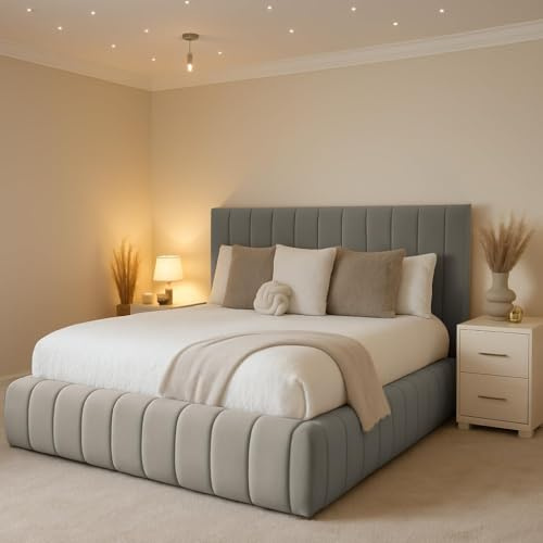 4FT Small Double Ottoman Storage Solid Divan Base Bed With Headboard Upholstered In Plush Velvet Silver Bed End Lift - No Mattress (Silver, 4FT Small Double With Storage - No Mattress)