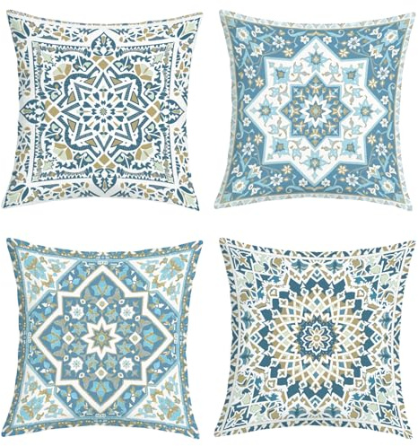 Joymaison Kissenbezüge 45x45 4er Set Boho Blau Mandala Floral Geometrisch | Deko Kissenhülle Vintage Bohemian Marokkanische Abstrakte Moderne Blumen Dekorative Kissenbezug Kissen für Couch Sofa