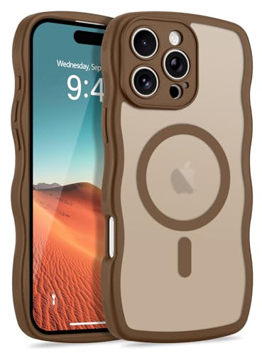 LCHULLE Magnetic Case for iPhone 16 Pro, Wavy TPU Bumper, Brown | Compatible with MagSafe, Wave Full Camera Protection, Matte Shockproof Slim Translucent Back Phone Cover