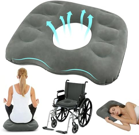 Cojín Ortopédico Inflable, Almohada Inflable de Dona, Cojin Hemorroides | Cojin Coxis de Asiento Ortopedico, Cojín de Asiento Multifuncional para Oficina, Silla de Ruedas, Asiento Coche (Gris)