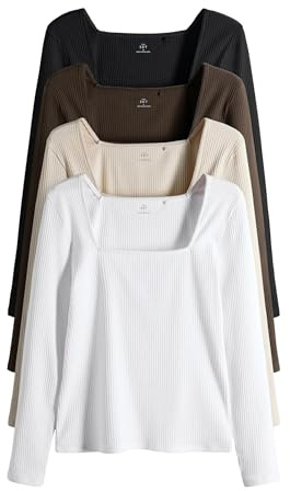 THE SET Damen Gerippte Oberteile mit eckigem Ausschnitt und Besatz, 4er-Pack Black/Chocolate Brown/Cream/White l