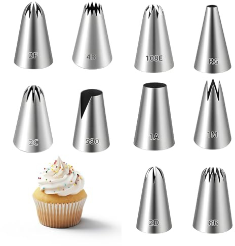 Dargkwn Boquillas Manga Pastelera Profesionales, 10 Piezas Boquillas Pasteleras Grandes de Acero Inoxidable para Decoración de Pasteles, Cupcakes y Galletas, Puntas de Glaseado sin Costuras