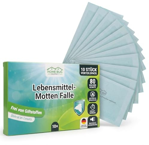 HomeBugProtect Lebensmittelmotten Falle, 80 Wochen Schutz, 10 Stück | Mottenfalle gegen Lebensmittelmotten, giftfrei & geruchlos, maximale Lockwirkung, Sichtkontrolle zur Befallsermittlung