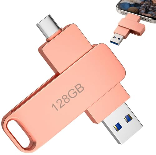 Clé USB 128 Go USB-C & USB-A, Transfert 200 MB/s, Stockage Téléphone Portable, Boîtier Aluminium, Compatible avec iPhone USB-C, Android, PC et MacBook, Plug & Play, Or Rose