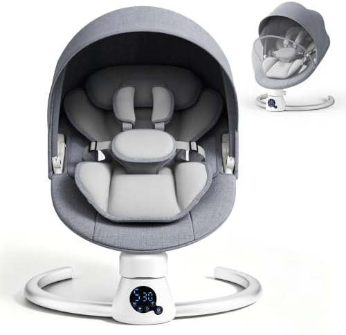 Babywippe Elektrisch mit Fernbedienung und App-Steuerung, 5 Schaukelgeschwindigkeiten, 3 Timer, 11 Integrierte Musikstücke, Babyschaukel mit 5-Punkt-Gurt, Abnehmbares Verdeck, 2 Winkellage-Grau