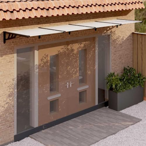 Kaloriko Marquesina para puerta negra y transparente de policarbonato 396 x 90 cm con marco de aluminio, resistente a la intemperie y protección UV, montaje sin taladrar, toldo estable para balcón