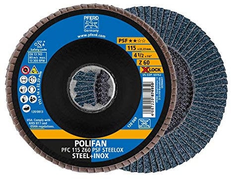 PFERD Fächerscheibe POLIFAN, 10 Stück, 115mm, Z60, X-LOCK (22,23 mm), PSF STEELOX, 67666116 – für hohe Wirtschaftlichkeit durch aggressive Zerspanung bei guter Standzeit
