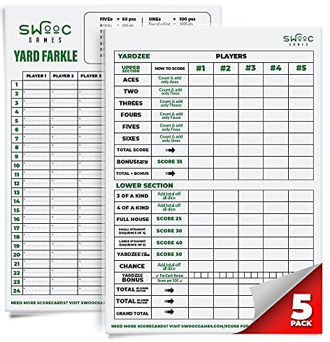 Swooc Games – 5 große, hochwertige, laminierte Yardzee & Farkle Punktekarten (29,2 x 20,3 cm) mit Regeln – große, wiederverwendbare trocken abwischbare Pads für riesige Outdoor-Würfelspiele