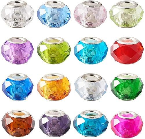 PandaHall 100 cuentas de cristal de Murano facetadas 14 mm cuentas de cristal europeas de gran agujero con núcleo plateado para hacer joyas