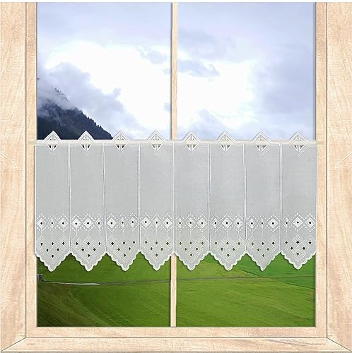 atelier alles-Spitze Stickerei-Scheibengardinen Lisa HxB 30x96 cm | Blickdichte Kurzgardine mit Lochstickerei auf weißem Käseleinen | atelier alles-Spitze