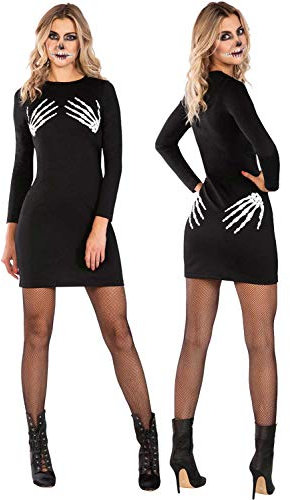 amscan 9908963 Halloween Langärmeliges Kleid mit Skelett-Händedruck (Größe 44-46) – 1 Stück, Einfarbig, Schwarz, 16-18