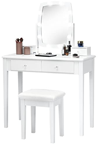 COSTWAY Schminktisch mit 10 dimmbaren verstellbaren LED-Birnen, 360° drehbarem Spiegel und Hocker, Frisiertisch mit 4 Schubladen, Kosmetiktisch mit Beleuchtung, für Make-up, modern, weiß