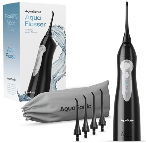 Aquasonic Aqua Flosser - Professioneller Wiederaufladbarer Wasserzahnseidenreiniger mit 4 Aufsätzen - Munddusche mit 3 Modi - Tragbarer & Kabelloser Zahnseidenreiniger (Schwarz)