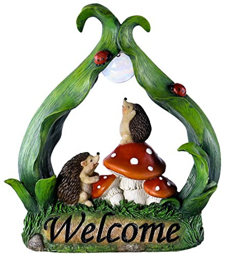 FAMKIT Gartenfigur aus Kunstharz, Igel, Pilz, Hof, Dekoration mit Solarlicht, Willkommensschild, Igel, Ornament