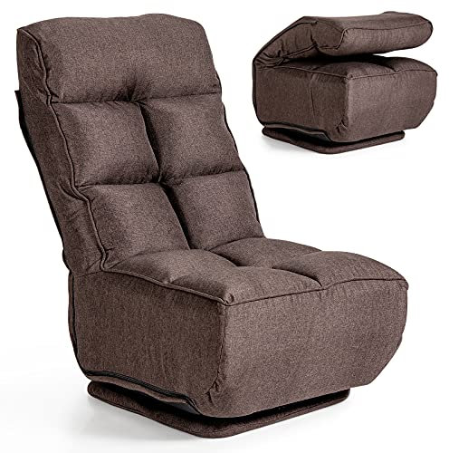 COSTWAY Folding Sofa Chair, 360 Degree Swivel 6-Position Adjustable Floor Lazy Recliner, High Back Single Padded Seat Reading Gaming Lounge Chair for Living Room Bedroom Office (with Base, Coffee)