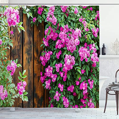 OCEUMACO Shower Curtain 3D Garden View for Wet Room Extra Long Outdoor Scene Wood Fence Flowers Bathroom Curtains Anti Mould Proof 180 x 180 cm Waterproof with Hooks Eyelets - Pink
