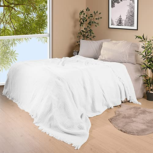 PÜSKÜL - Musselin Decken für Erwachsene | 100% Bio-Baumwolle Musselin Tagesdecke, Kuscheldecke | Extra Weiche, Leichte Überwurf Sofa & Bett (Weiß, 240x260 cm King)