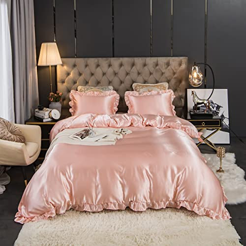 Freyamy Satin Bettwäsche 220x240 Glatt Luxus Seide Glanzsatin Bettwäsche Set Rosa Einfarbig Rüschen Romantisch Sommer Mädchenbettwäsche 1 Bettbezüge und 2 Kissenbezug 80x80 mit Reißverschlüsse
