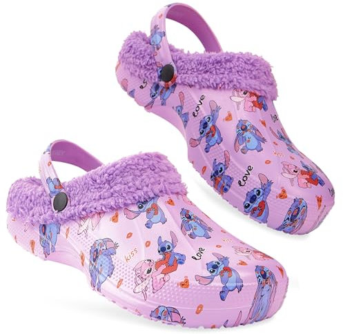 Disney Stitch Zuecos Invierno Mujer con Forro Polar Zapatos sin Cordones Zapatillas Casa Jardín con o sin Charms (Morado, 37/38 EU)