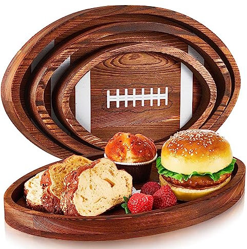 Geetery 3 Pcs Football Serving Trays Wooden Shaped Football Plates Football Serveware Tailgate Party Serving Platter for Game Party Decorations, 13'', 11'', 8.7''