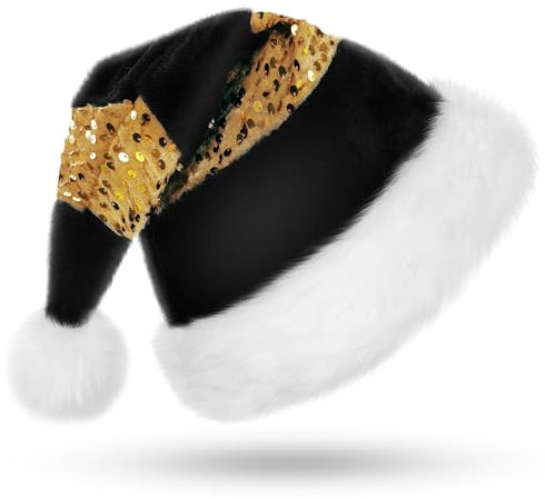 CITÉTOILE Erwachsene Weihnachtsmütze, Spleißstreifen mit Goldstickerei, verdickte Winter Weihnachtshut mit Plüsch Ball, Unisex Nikolausmütze, Schwarz