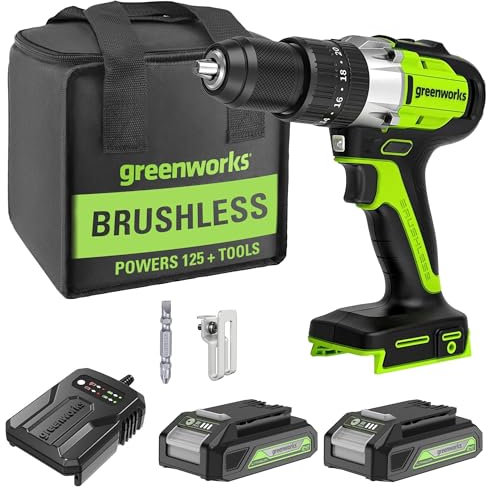 GreenWorks Perceuse-visseuse à percussion sans fil 24 V sans balais (Li-ion, 24 V 60 Nm, 2 vitesses, 2 batteries 2,0 Ah, chargeur)