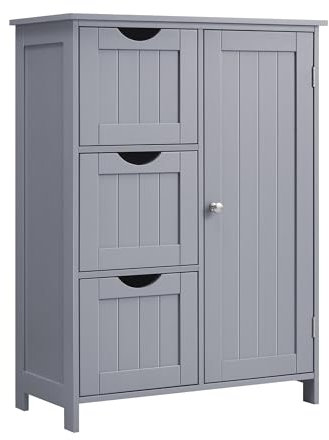 VASAGLE Armario de Baño, Mueble Estrecho, Cómoda, Cajonera con 3 Cajones, con Puerta, Estante Ajustable, 30 x 60 x 81 cm, Gris Paloma BBC049G02