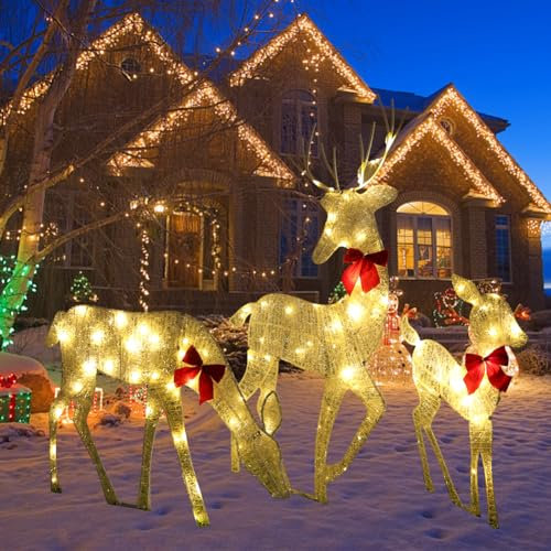 Junerain 3 teiliges LED Rentier Familie Weihnachtsdeko Aussen,Beleuchtetes Weihnachts Rentier mit 5Pack 20LED Lichterkette,Metall Rentierform Weihnachtslicht for Hof Weihnachten Dekoration