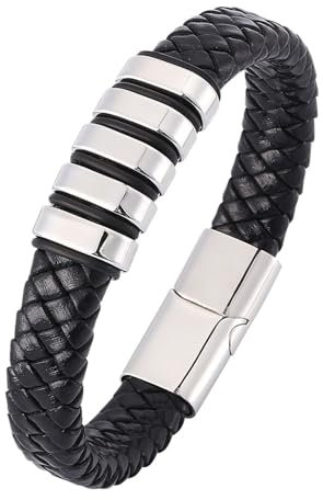 Homxi Braccialetto Uomo Argento,Braccialetti in Acciaio Inossidabile Uomo Pelle Intrecciata Bracciali da Uomo 20.5CM