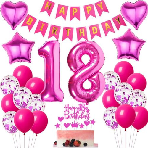 Ohaoduo Palloncini 18 Anni Compleanno Ragazza - Decorazioni Rosa e Rosso Con Foil Palloncini e Torta Decorazioni