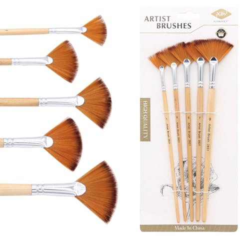FDCGAS Pinceaux de Peinture - 5 pinceaux éventails Professionnels pour Peinture Acrylique avec Longs Manches en Bois, Poils en Nylon Anti-Chute pour Peinture Acrylique, Aquarelle, Peinture sur Roche
