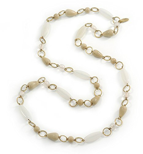 Avalaya Milky White/Beige Glass and Ceramic Bead/Gold Round Link Long Necklace - 100cm L