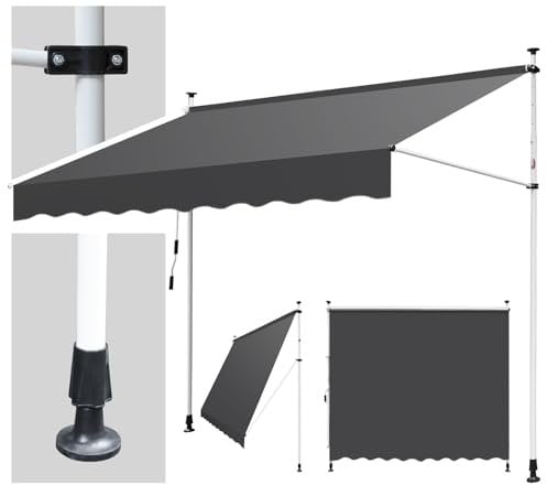 Hebitod Klemmmarkise Balkon ohne Bohren, 250cm breit, Markise mit Handkurbel, Sonnenschutz und wasserabweisend, höhenverstellbar Balkonmarkise, für Terrasse Balkon, einfache Montage, Grau