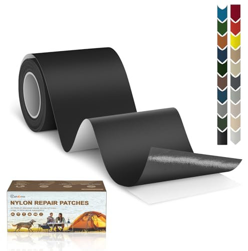 Toppe autoadesive in nylon, 7.6x200 cm Cahomo toppa adesiva per tessuti, Patch di Riparazione in Nylon, toppa di riparazione impermeabile, per piumino, tenda, sacco a pelo-Nero