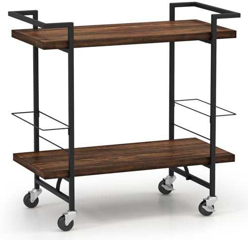KOMFOTTEU Carrello da bar su ruote, carrello da portata industriale con portabottiglie e maniglie, carrello da cucina mobile, 80 x 40 cm, per bar di casa, cucina, marrone