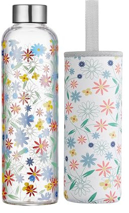 Autsel Glass Water Bottle 500ml Artistic Glass Drinking Bottle with Lid Leak Proof Borosilicate Water Bottle with Protection Sleeve, Fine Gifts for Girls and Women