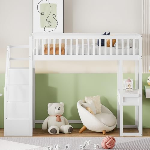 BLUON HOME 90x200 Hochbett mit Multifunktionstisch, sicherer Aufbewahrungstreppe, Bettgestell aus massivem Kiefernholz für Kinderbett, Weiß