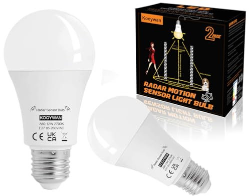 KOOYWAN E27 LED Radar Motion Sensor Light Bulbs,Dusk to Dawn Light Bulbs 9W 2700K Warm White,Auto On/Off for Indoor Outdoor Basements, Porch,Courtyards,Garage Pack of 2