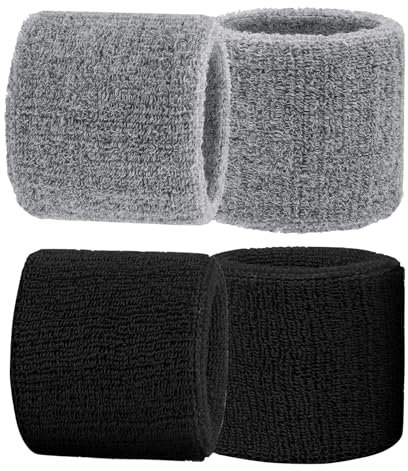 WOLMIK 4 Pcs Sweat Bands Wristbands, Protective Elastic Sports Wrist Sweat Bands Men Women, Soft Thickened Absorbent Wrist Sweatbands for Gym Basketball Tennis Running Exercise (Black&Grey)