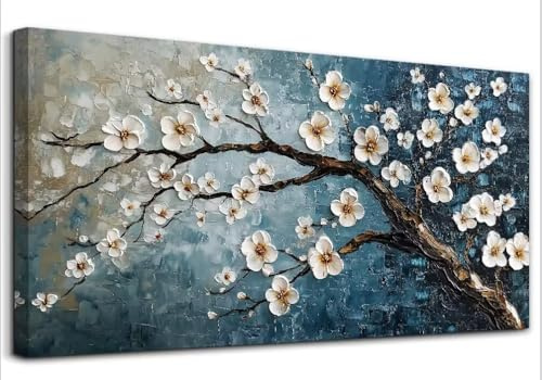 hyidecorart Pflaumenblüte Wandbilder Wohnzimmer 73x146 cm XXL, Leinwand Bild Botanisch Gemälde, Modern Wanddeko Aesthetic Schlafzimmer Badezimmer Büro Zimmer Esszimmer Flur Küche