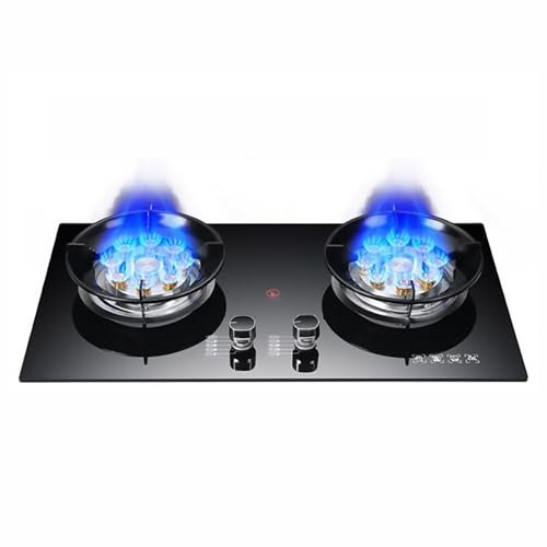 Cocina de gas – Estufa de gas doble de vidrio templado, estufa de gas de encendido por pulso de 5,2 kW de sobremesa y empotrada, cubierta de fuego de cobre extraíble, estante de horno antideslizante