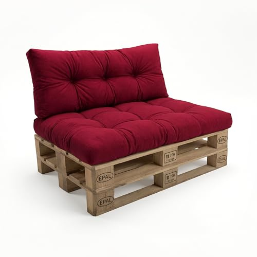 POKAR Set de 2 Coussins Matelassé pour Palettes Euro: 1x Assise 120x80cm + 1x Dossier 120x40cm, en Mousse formée à Froid, pour Canapé de Jardin, Intérieur et Extérieur, sans Palette, Rouge Foncé