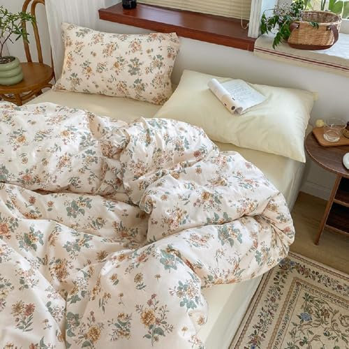 Lanqinglv Bettwäsche 135x200 cm Grün Beige Blumen Blätter Wende Bettwäsche Blümchen für Allergiker,Aesthetic Bettwäsche Set Vintage Bettbezug mit Reißverschluss und 1 Kissenbezug 80x80 cm