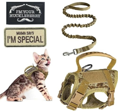 ZHHSUNY Taktisches Geschirr für Katzen mit gesticktem Abzeichen, atmungsaktives Netz, Griff aus Gummi, reflektierendes Zugband, ausbruchsicher Katzengeschirr(Camouflage)