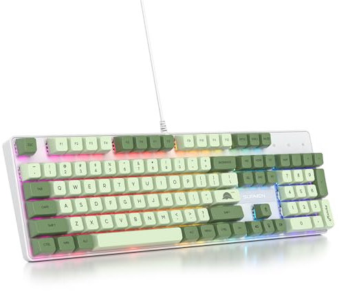 surmen Sage Green Mechanical Gaming Keyboard– 104 Key Full Size Wired Keyboard with Number Pad, Thocky & Creamy Sound, RGB Backlit Anti-Ghosting – Quiet Red Switch for PC Gamers & Typists (104 Green)