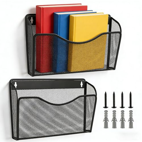 SYUTBOU 2 Stück Wandmontierter Zeitschriftenhalter, Metall Schwarz 34,3 x 21,3 x 10,5 cm, Zeitschriften Wandhalter mit Schraube Ausdehnungsrohre, A4 Dokumentenhalter Wand für Büro Zuhause