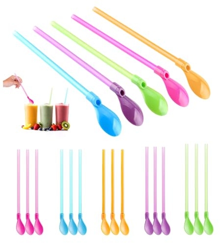 GIDWRIY 20 Pezzi Cannucce con Cucchiaio Plastica,Cannucce Cucchiaini Riutilizzabili,Cucchiaio di Paglia Colorate,Cucchiaino Lungo per Cocktail,Reusable Straw,Stoviglie per Feste per frullati, Freddo