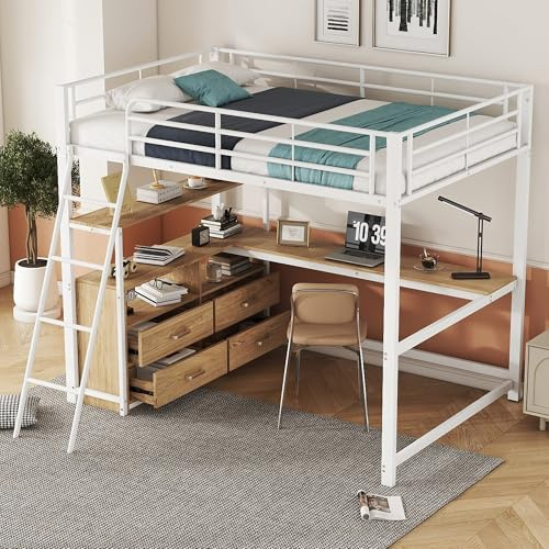 okwish Hochbett 140x200 cm Metallbett Bettgestell mit Stauraum & Schreibtisch, Kinderbett Eisenbett mit Schrägleiter & Rausfallschutz, Jugendbett mit Schubladen & Mehrere Regale, Weiß